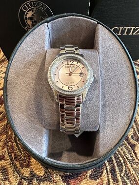 Citizen Two-Tone Stainless Watch with Pink Dial and Crystal Bezel